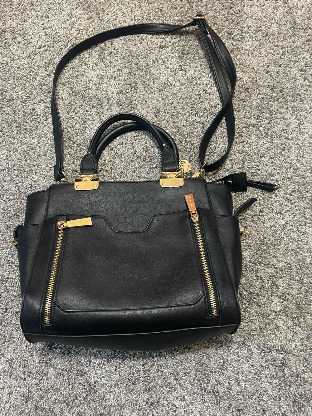 Black Leather Satchel with Gold Accents - Women's Convertible Crossbody